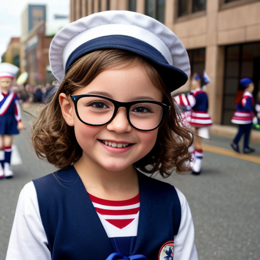 Cute adorable niña Chilindrina glasses con hair lazo curly con verano sailor uniforme escolar con zapatos negros escolar con calcetines blancos con sombrero sailor con grupal con caminar con desfile Estados Unidos América bandera con ciudad 33