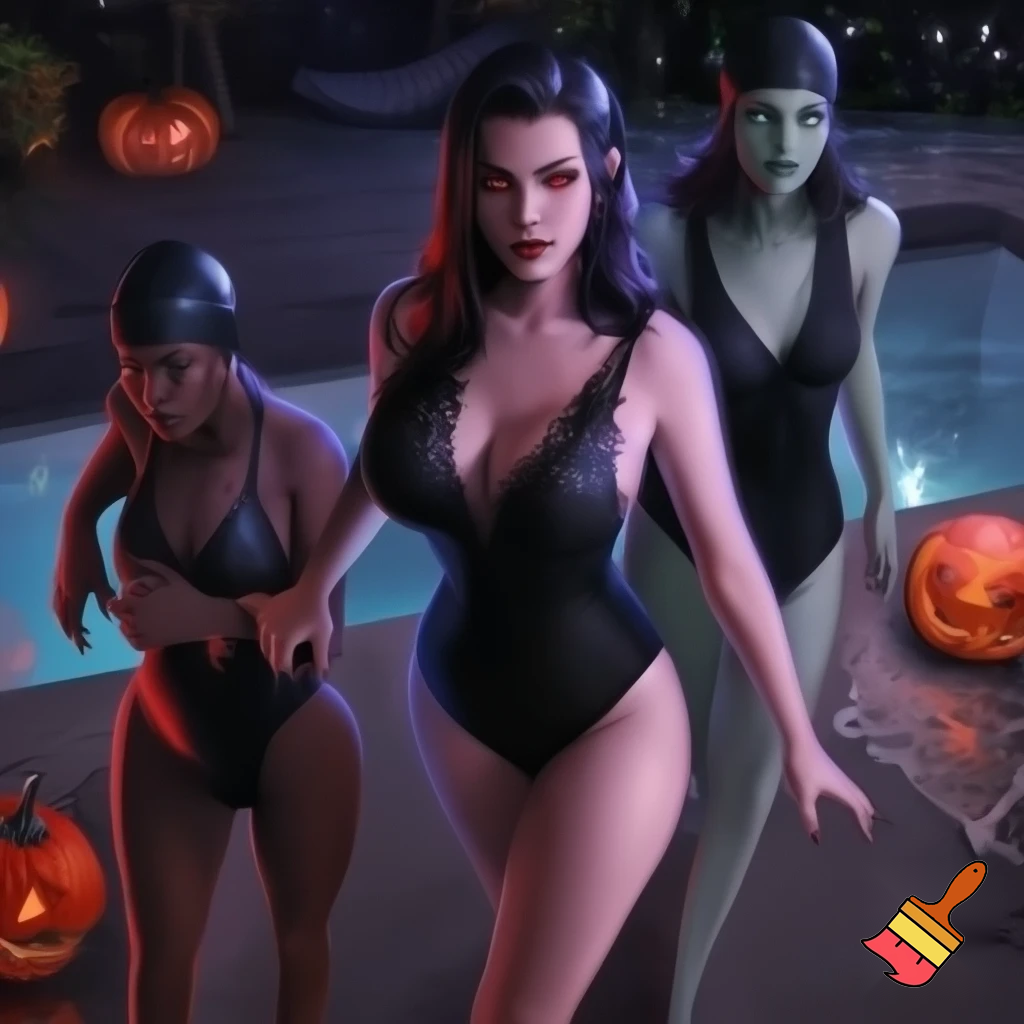 vampire queen Frankenstein's wife and the she wolf are wearing Halloween black one piece swim suits with swim caps and they r walking to the pool


