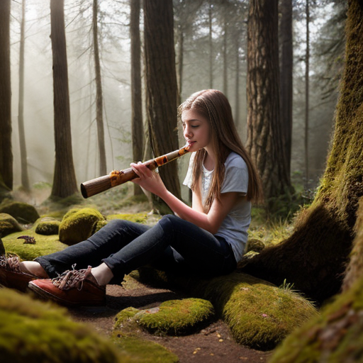“Teen girl discovering a sacred wooden flute on a mossy stone in a sunlit forest, semi-realistic, vibrant greens.”