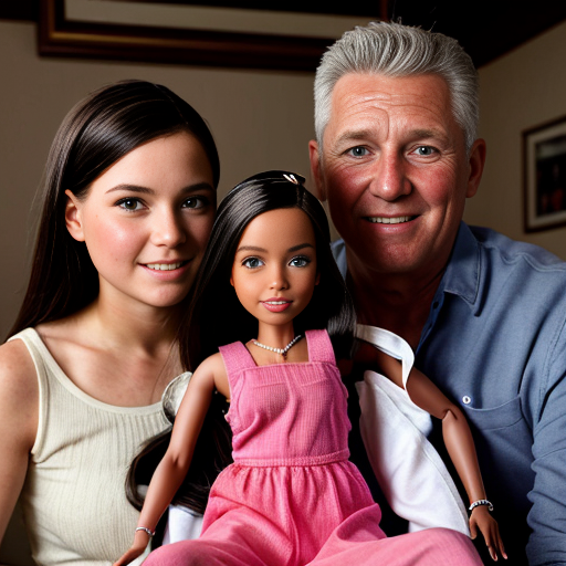 make a family photo of 3 with a 3 year old barbie and a 15 year old ken with there dad.   make barbie 3 years old make ken 15