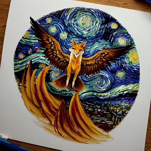 Can you draw me a starry night with a phoenix and fox?
