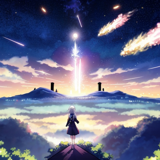 white-haired woman watches as meteorites fall on her castle