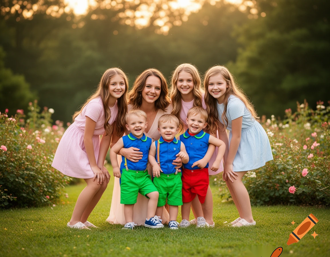create a family  picture with 3 boy two year olds and a mom and 3 girl 16 year olds