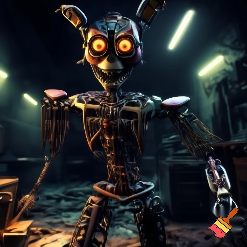 a fnaf endoskeleton with orange swirly eyes