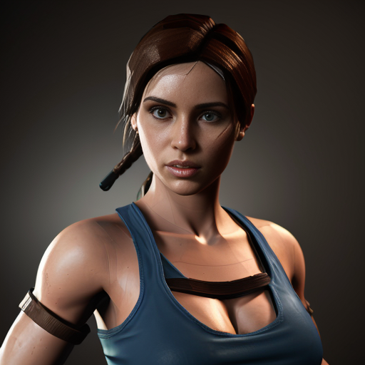 "Low-poly style Lara Croft from Tomb Raider 1 (1996), perfectly recreated triangular breasts with visible polygonal edges and sharp angles, classic blue top and brown shorts, retro 1996 3D character aesthetic mixed with detailed rendering, ponytail, ancient tomb background, cinematic