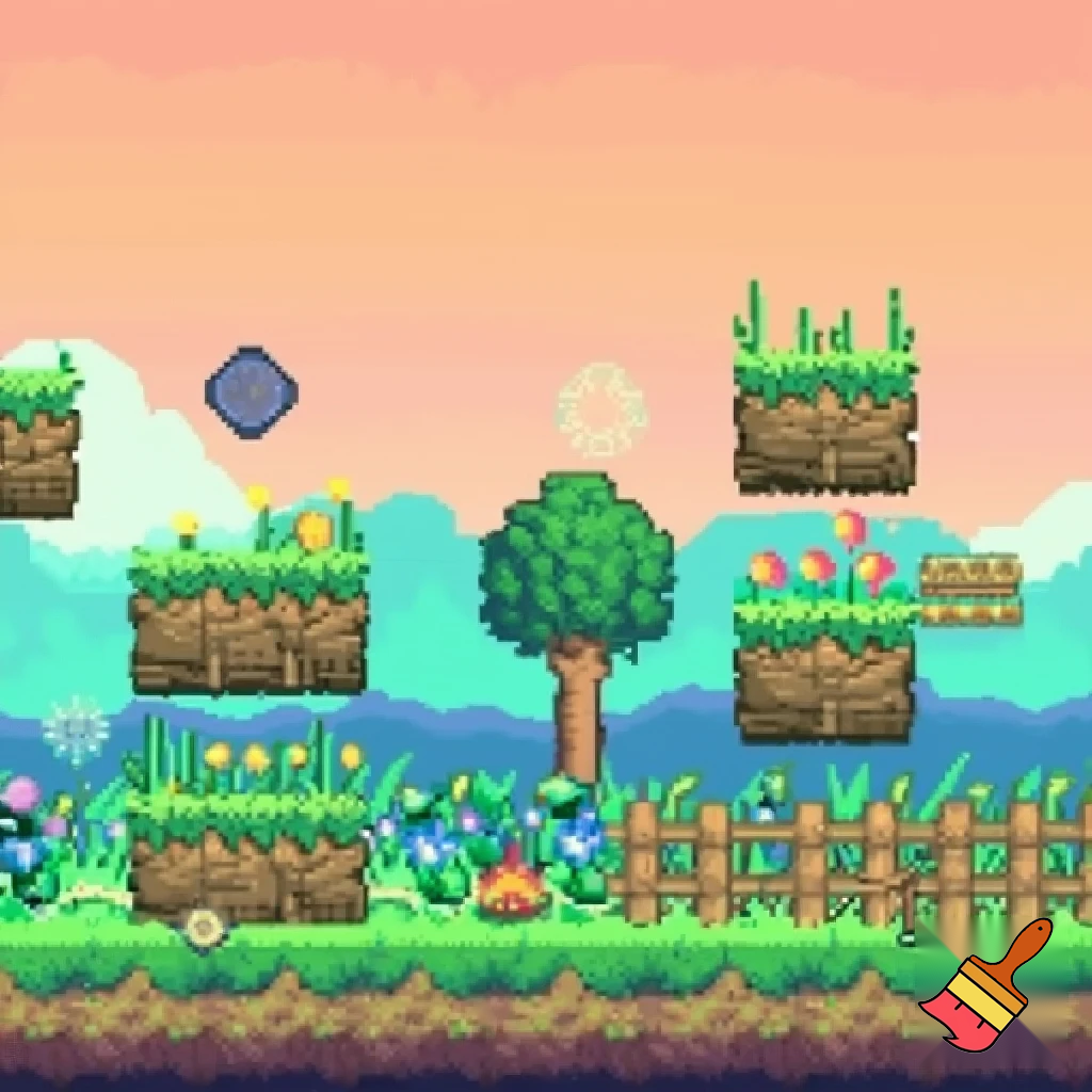 Dibujar decoración para juegos pixel art de plataforma 2d ambientado en el campo 