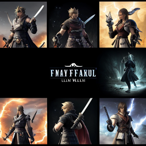A 16:9, Landscape format, 4k resolution Final Fantasy wallpaper for a Magic playmat, featuring a collage of the Warrior of light using the final Fantasy 14 Job Change to use the Signature weapons of final Fantasy Main Charakters Like squalls gunblade, lightnings blazefire sabre, sephiroths katana and some more