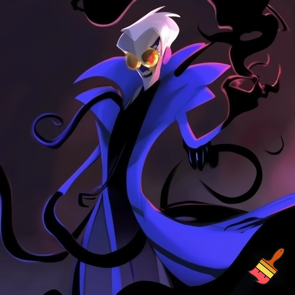 A tall, lean pale man with a similar build to Alastor with white hair, distinctive round brass glasses he has a stern look on his face. his face In cartoonish art style of hazbin hotel wearing his signature blue overcoat with black sinister smoke curling around him his hand reaching out, producing the black sinister smoke