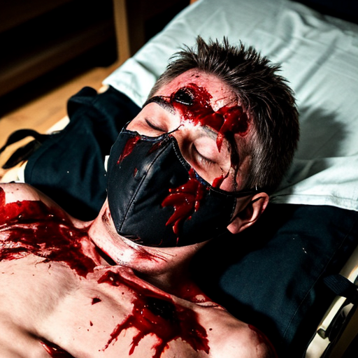 A corpse shirtless man, died, face are wearing mask, eye closed, chest fully opened wounded, blood everywhere.