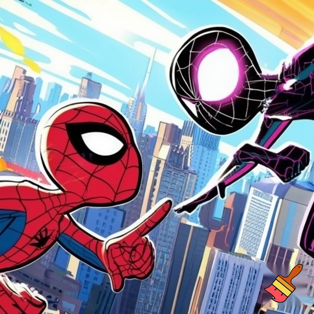 Spider man pointing at another version of himself positioned at the opposite side of him. Cartoon art style.