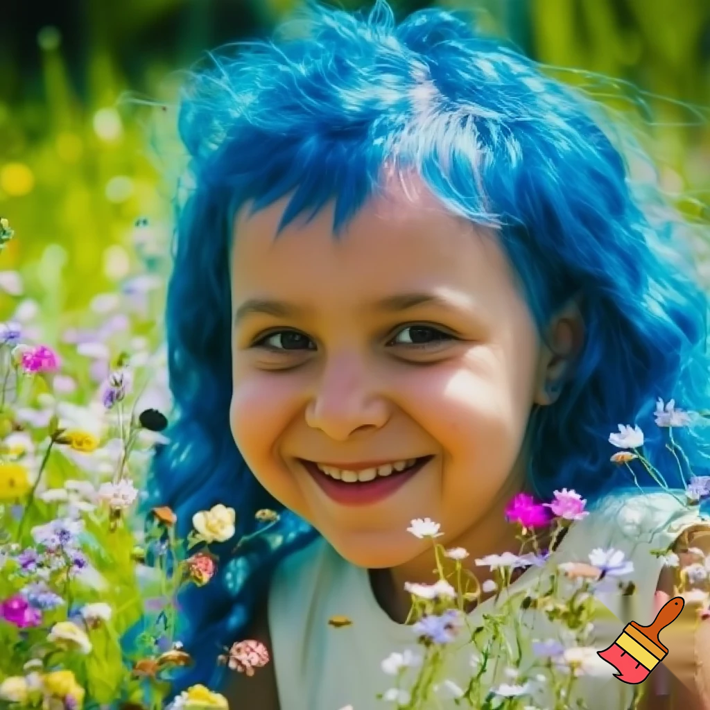 a girl in flowers with blue hair smileing