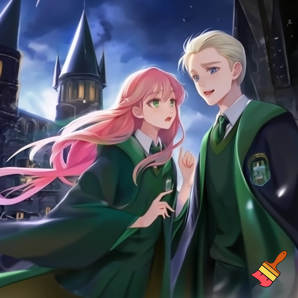 a anime girl, long pink hair, with a slytherin outfit. With Draco malfoy. Two people, hogwarts background 