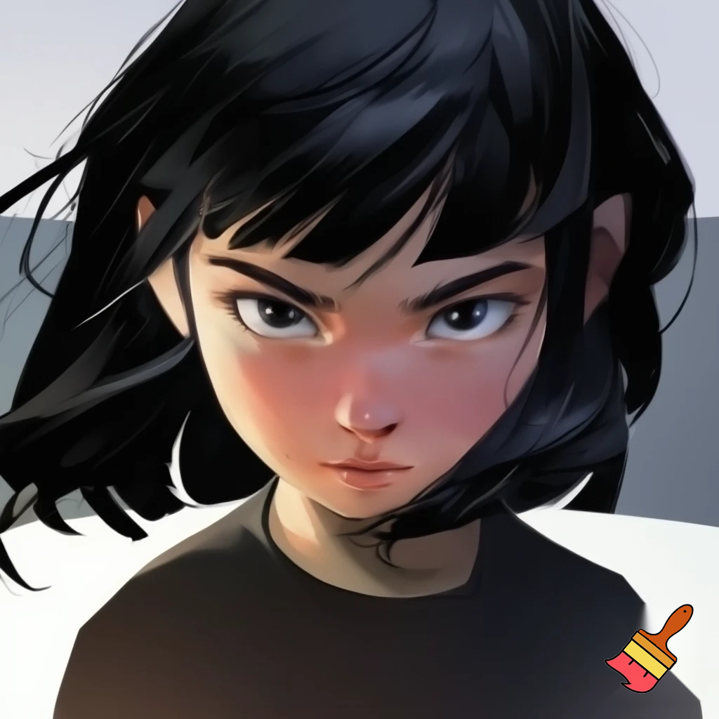 A twelve year old girl who is strong and has black hair and white skin
