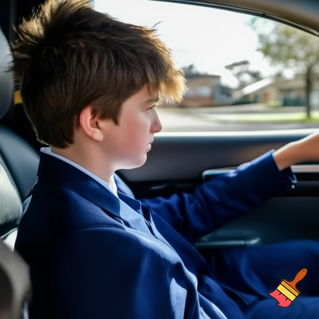 A kid that is 13 years old with brown hair in school uniform in the car