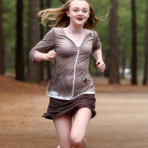 Dakota Fanning, young actress, her dress is torn, she is running through a wood, her breast is exposed, her sister Elle Fanning is running with her, close up shot