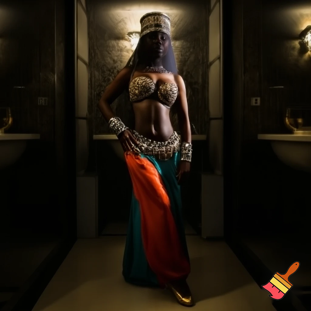 Attractive Moroccan woman with dark skin wearing a headpiece, a veil, ornate cuffs, a bejeweled bra, a coin belt, harem pants and ballroom dance shoes in a restroom  