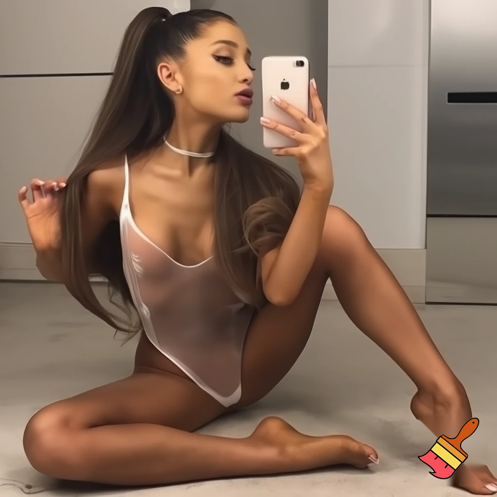 ariana grande wearing a transparent bodysuit holding her phone in the floor selfie ,sexy hot bunny ,her legs are open 