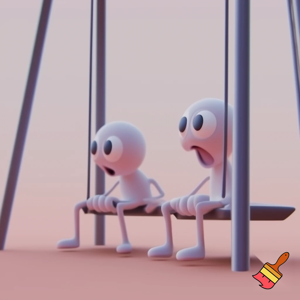 simple 2D cartoon character style, clean shapes, exaggerated expressions, thin noodle arms and legs, large oval eyes, flat shading, pastel background colors, soft outlines, smooth line-art, minimal details, kid-friendly comedic style, scene in a playground, characters sitting on a swing, one character in the foreground reacting with a shocked exaggerated face, frame composition similar to animated story cartoons
