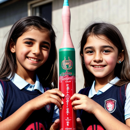 iranian elementary school girls holding a missile smiling