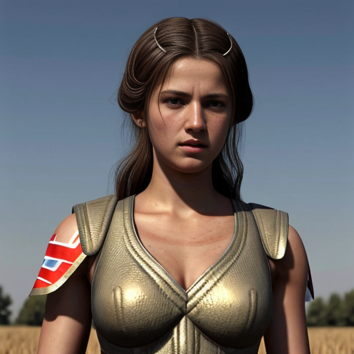 i would like an a ancient greek female fighter in clothes of 1821 of greece and lastly i want her to be happy and proud and  from a distansce, in a field