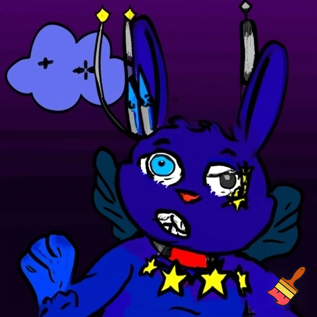 A bunny-like creatures 6 blue eyes with a wide and side creepy arm 7 ailens blue and purple with a collar a with star tali fish and a wing stars blue antenna background fosrets and galxay cloud 