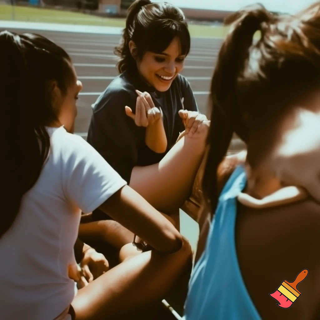 Jenna Ortega at a school sports day with friends eating lunch in the heat, next to a running track 