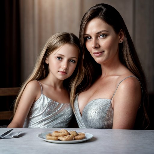 mother and the blonde daughter, on the table, party dress, close up, daughter with long hairs, mom at backround