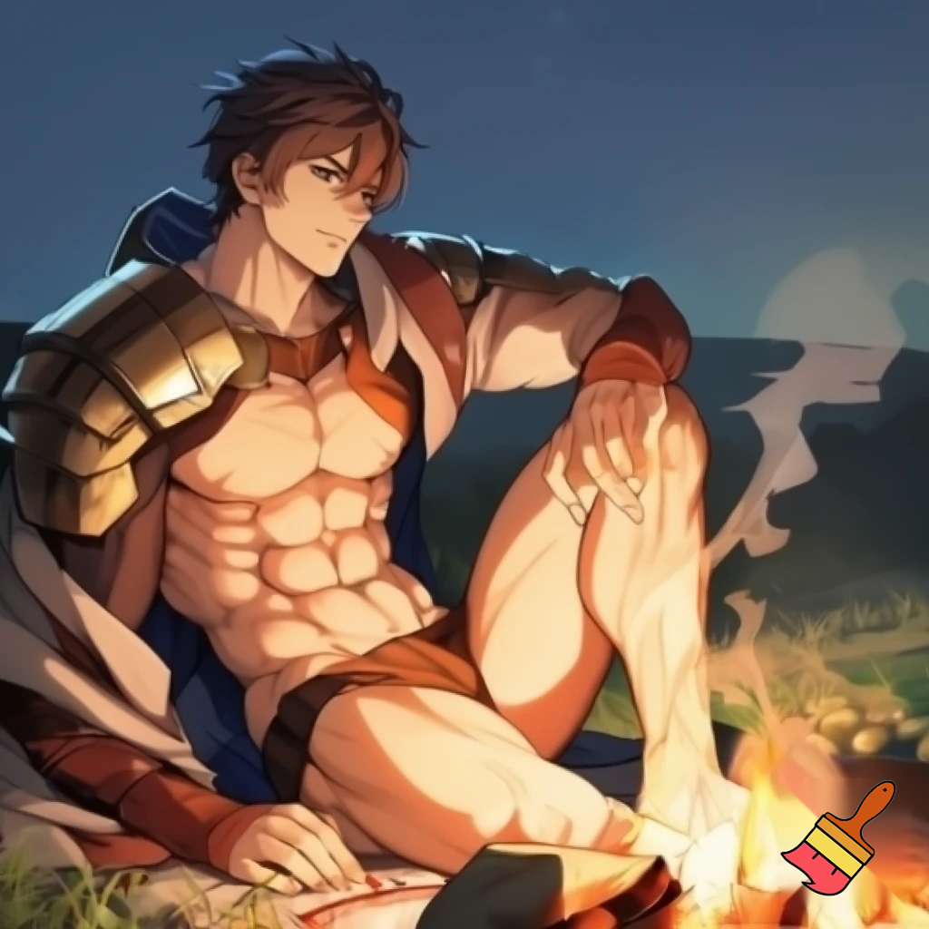 An Anime knight sitting next to a campfire with all of his cloths except his underwear off and he has abs and muscles