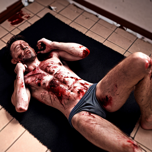 shirtless random man (neighbor), face are hiding by shirt, died already, chest open wounded, blood everywhere, eye closed, floor on corpse body, not pant less.