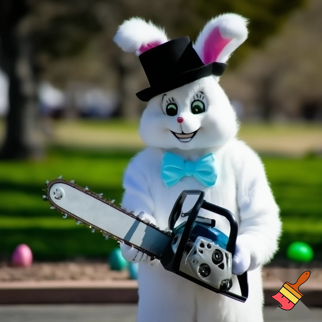 Easter bunny mascot costume top hat🚪 Easter bunny with a chainsaw