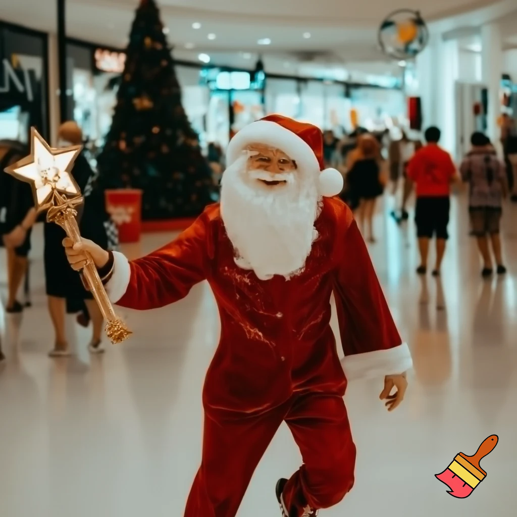 Santa Claus dancing shopping Centre walking Australian magic walking stick walking stick star running outside of the shopping centre on the Christmas tree