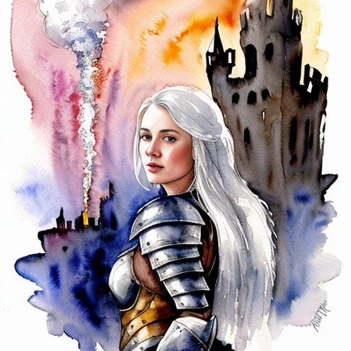 young, tall, white-haired woman in armor stands in front of a burning castle into which meteorites are falling.