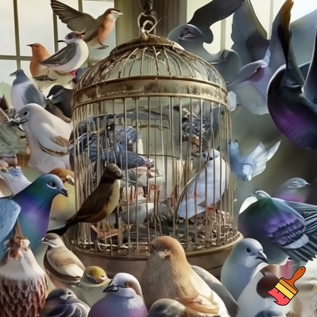 pile Of birds in one big cage