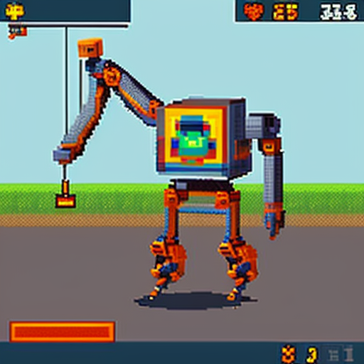 Make a pixel art of a enemy that is a robot crane head and has crane arms is really tall and is found in junkyards they could also shot balls of energy and this is a enemy for jumpbot the main charecters in our game
