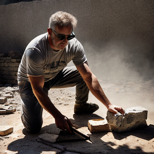 A dramatic, cinematic scene of a middle-aged man with short gray hair and sunglasses perched on his head, intensely carving the words "AMBRIMERDA" into a massive, rough-hewn stone block using a chisel and hammer. He's dressed in worn gray t-shirt and pants, covered in dust and sweat, standing on a rocky quarry floor with scaffolding nearby. Warm golden-hour lighting filters through dust particles in the air, casting long shadows and highlighting the texture of the stone and tools. 