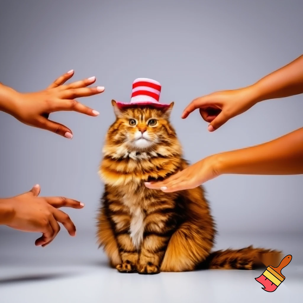 cat in a hat but the people want to touch it