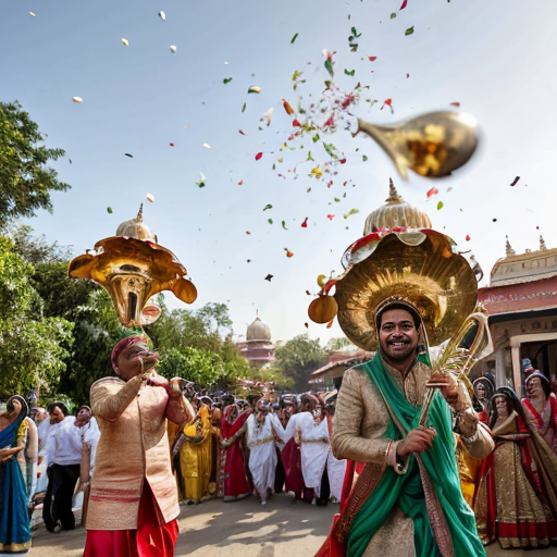 A grand Indian wedding procession called 'Aloo ki Barat' in a vibrant Disney Pixar animated style. A handsome groom potato (Aloo) wearing a golden sherwani and a turban with a feather, sitting proudly on a decorated white horse. A brass band of other potatoes playing trumpets and drums. Dancing potatoes and smiling onions and tomatoes in colorful Indian attire. Confetti falling from bright houses. Intricate details, warm lighting, ultra-wide shot, 8k resolution, cinematic lighting.