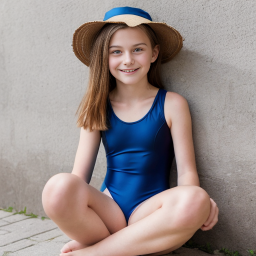 Una ragazza di 11 anni bella con capelli a caschetto lisci di color castano lunghi fino al collo, indossa un costume da bagno di colore azzurro. La ragazza è seduta a terra, ed è appoggiata con la schiena su un muro con le ginocchia piegate e le braccia appoggiate sulle gambe. La ragazza guarda la telecamera con sguardo sereno e felice. Telecamera vista frontale. Immagine di alta qualità. Risoluzione 4K.

