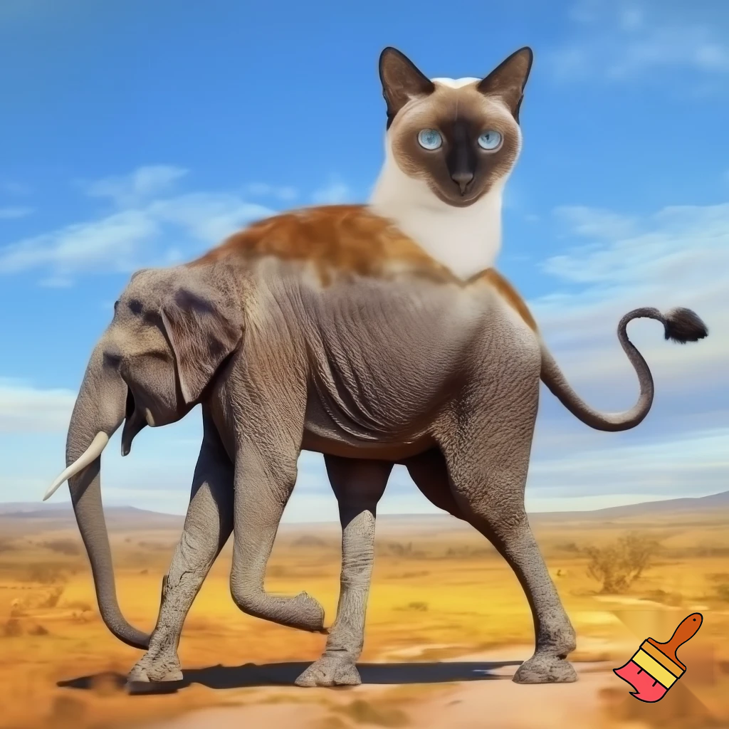 crea un animal con cabeza gato,cuerpo de elefante , patas de avestruz y cola de puma
