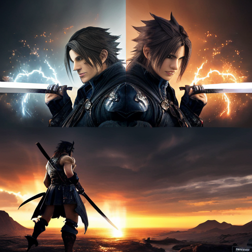 A 16:9, Landscape format, 4k resolution Final Fantasy wallpaper for a Magic playmat, featuring a collage of the Warrior of light using the final Fantasy 14 Job Change to use the Signature weapons of final Fantasy Main Charakters Like squalls gunblade, lightnings blazefire sabre, sephiroths katana and some more