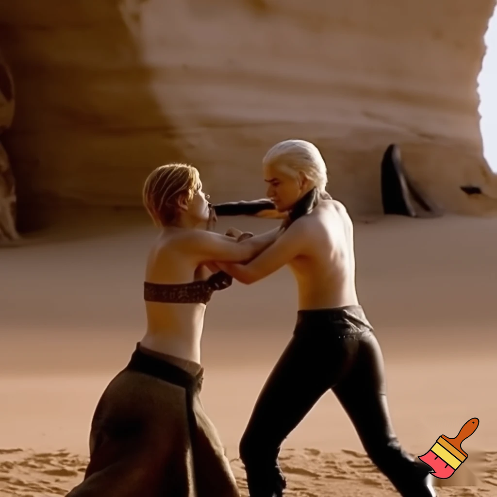 Daenerys Targaryen and Cersei Lannister fighting in the desert , Cersei Lannister is under Daenerys and losing. Both are naked and all sweaty 
