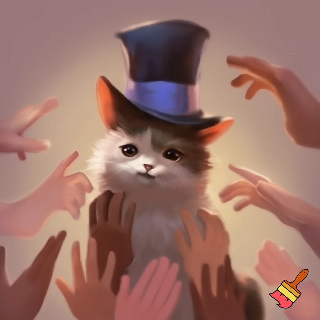 cat in a hat but the people want to touch it