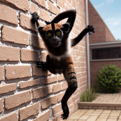 Create a image with a cat and a spider monkey jumping of the side of a brick wall
