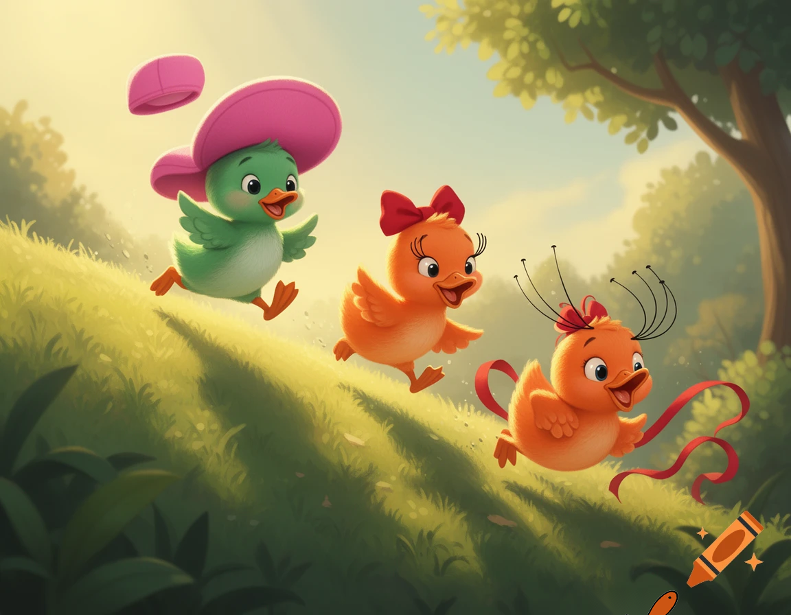 Green brother duckling with pink cap and orange sister duckling with eyelashes and red bow went up the hill to fetch a pail of water, green brother duckling with pink cap fell down and broke his leg and orange sister duckling with eyelashes and red bow came tumbling after.