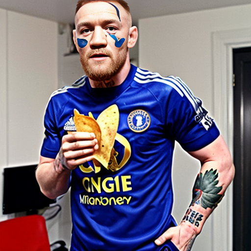 conor mcgregor in a chelsea kit eating chips