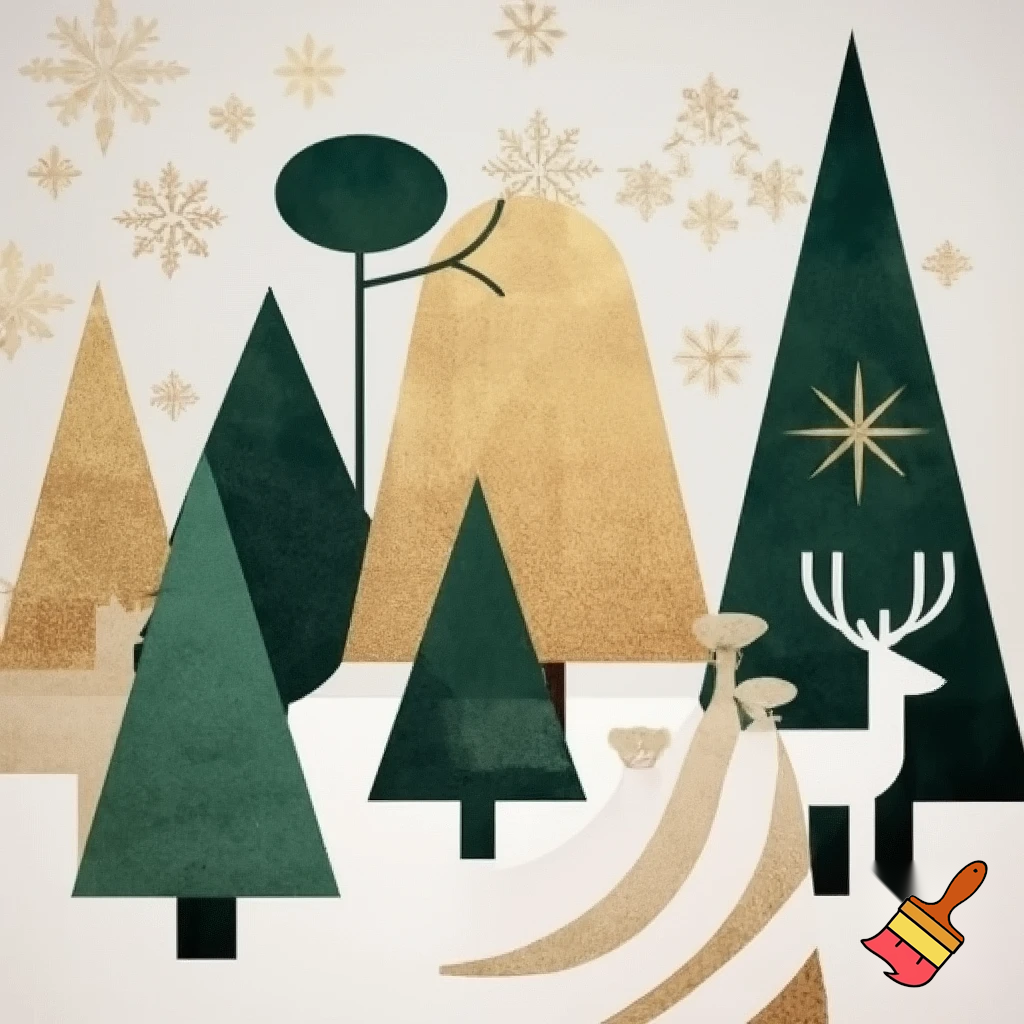 Scandinavian minimalist "this the season" Christmas graphic, featuring clean geometric trees, stylized snowflakes, stars, and abstract deer figures. Use a restricted color palette of gold, cream, and forest green. The design should be in a flat style with a subtle, elegant texture grain. The composition must be soft, cozy, and well-balanced, suitable for a printable PNG with a transparent background, perfect for a modern holiday design for cookie baking, tree decorating, and the Santa season.