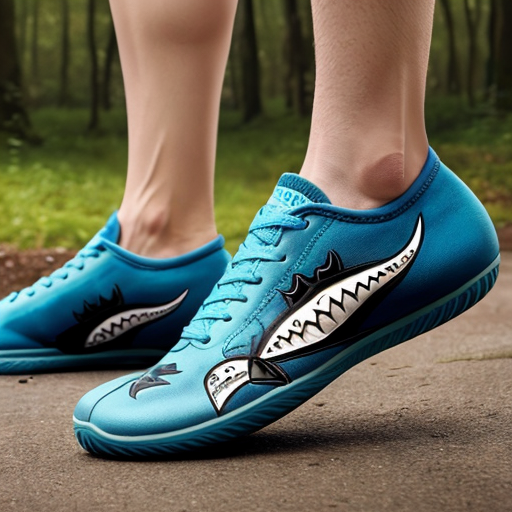 Make a shark with blue shoes on runing away into the woods fast the shark is wearing the shoes running