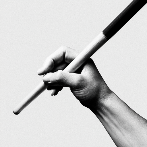 Minimalist black and white editorial illustration on white background. Stylized outline of a hand gripping a billiard cue, drawn with clean, thin, high‑contrast lines. The fingers wrap around the cue with essential geometry, no shading, no textures, no anatomical details. The cue is represented as a simple straight line with minimal accents. No background elements, no table, no environment. Pure, essential depiction of the billiard grip reduced to its structural gesture.
