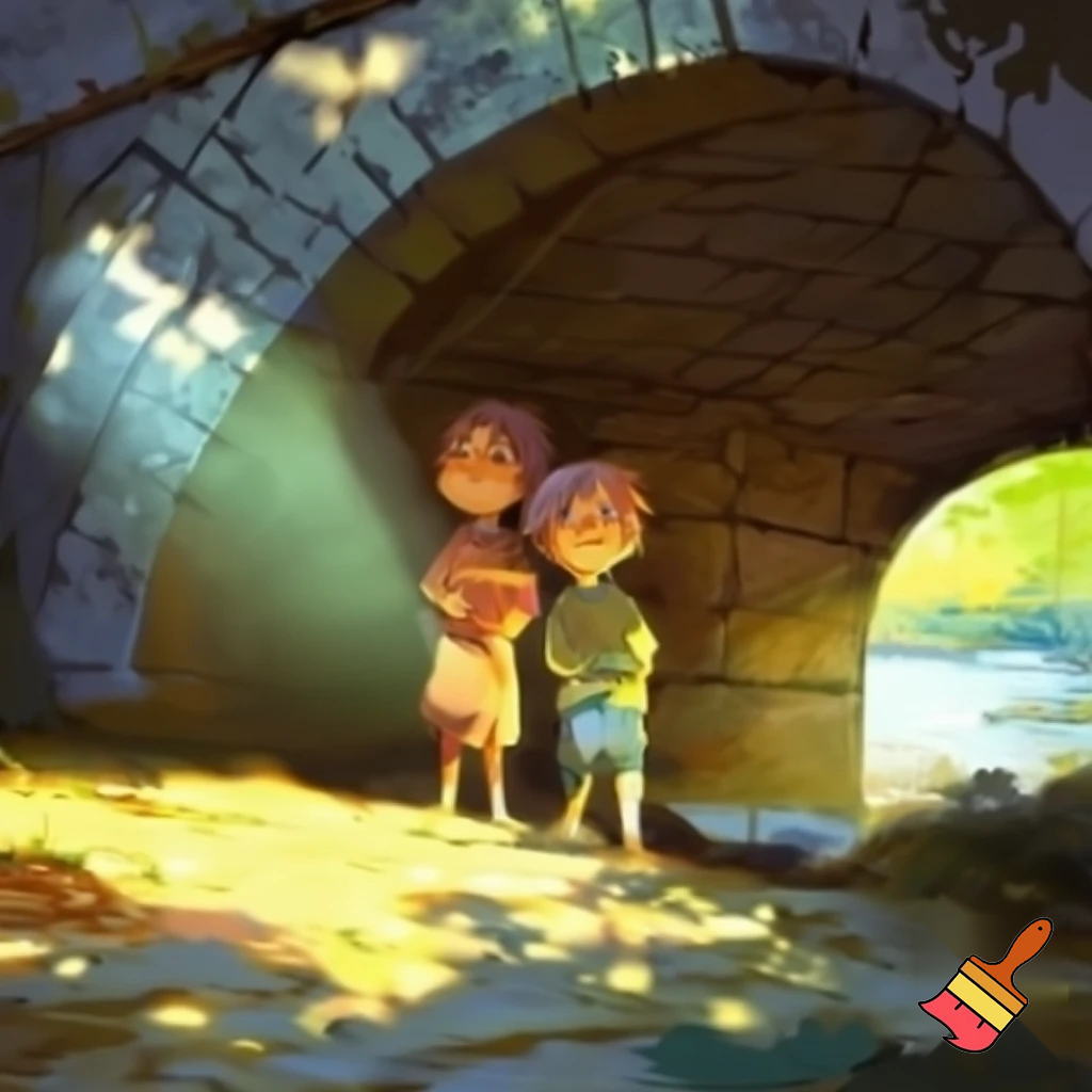 2 kids standing under a bridge in the sun