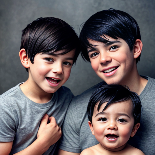 Generate a family photo of 2year old year old triplet boys with black hair make sure they have black hair
